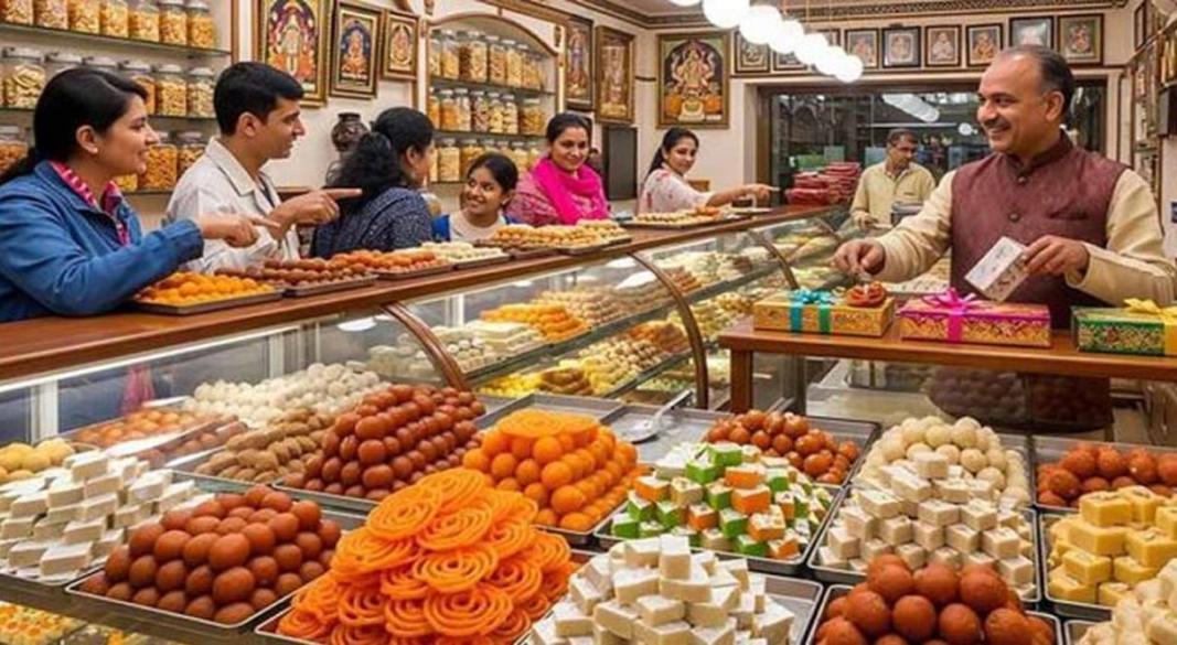 उत्तर प्रदेश की मिठाई की दुकान पर काउंटर में रखी रंग-बिरंगी खुली मिठाइयां