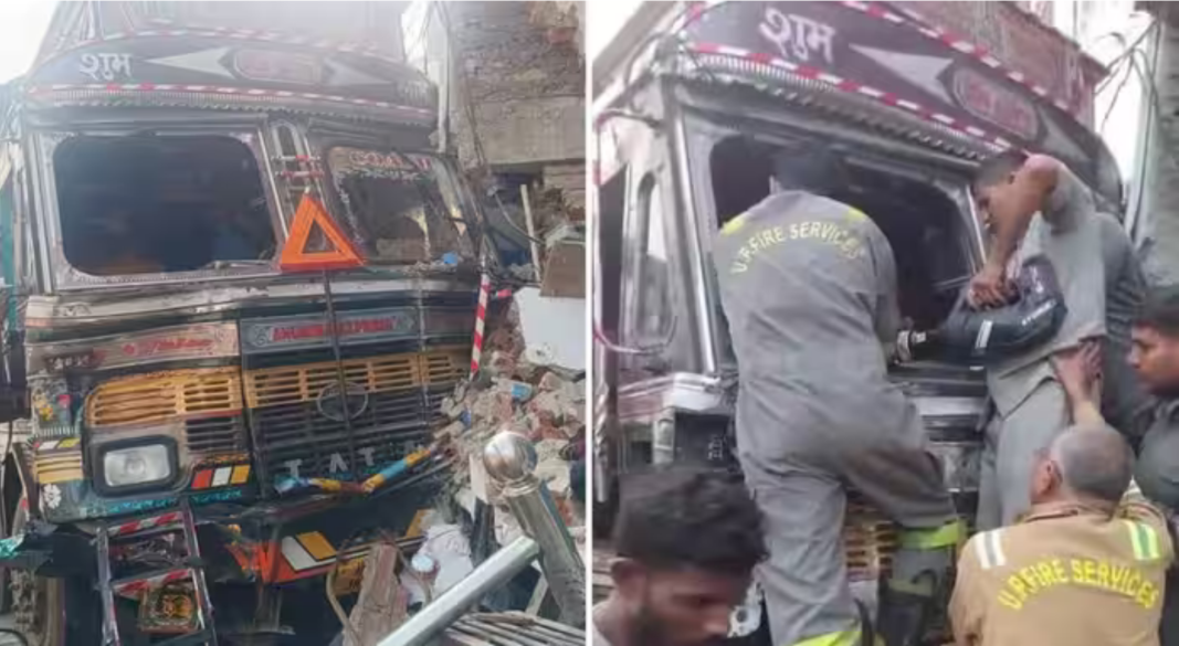 लखनऊ के खुदई बाजार में मकान की दीवार तोड़कर अंदर घुसा ट्रक
