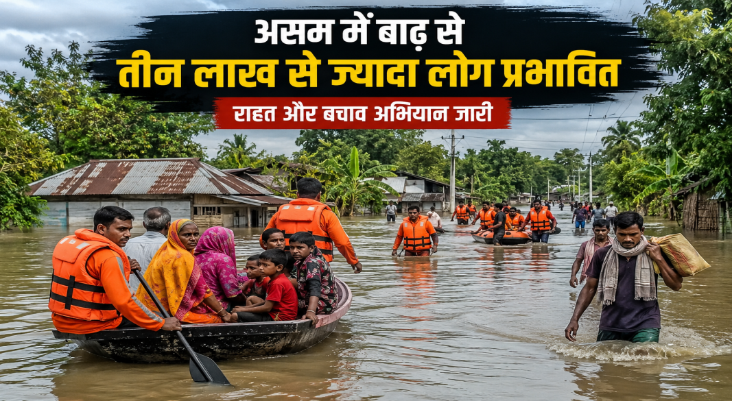 असम में बाढ़ से प्रभावित गांव और राहत अभियान चलाते बचावकर्मी
